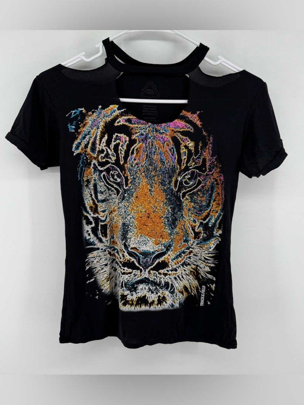Track & Field Tiger Graphic Tee Women's Medium Black Cutout Shoulder Print Shirt